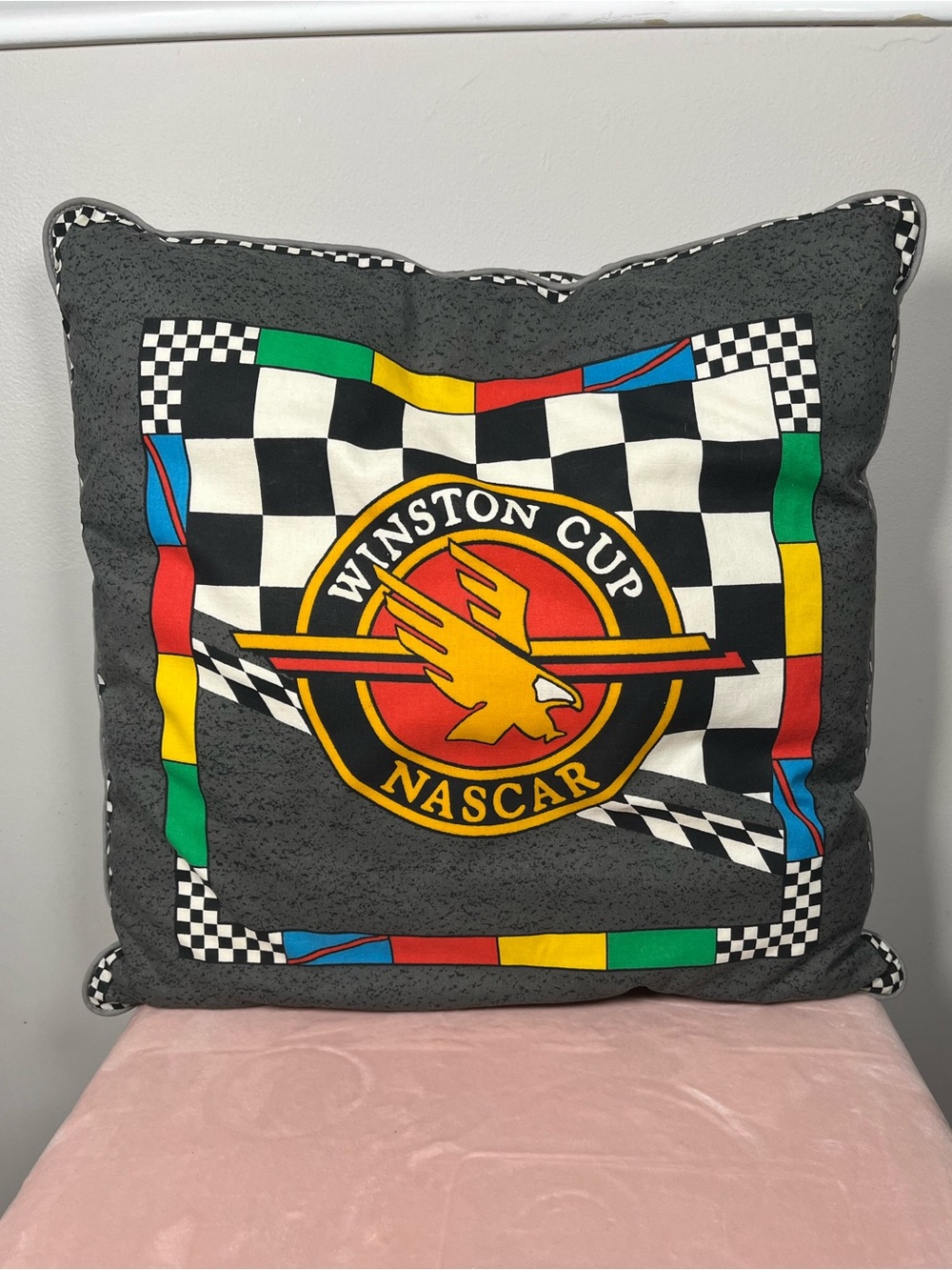 Vintage Winston Cup NASCAR Pillow - Black with Red & Yellow Accent front & back